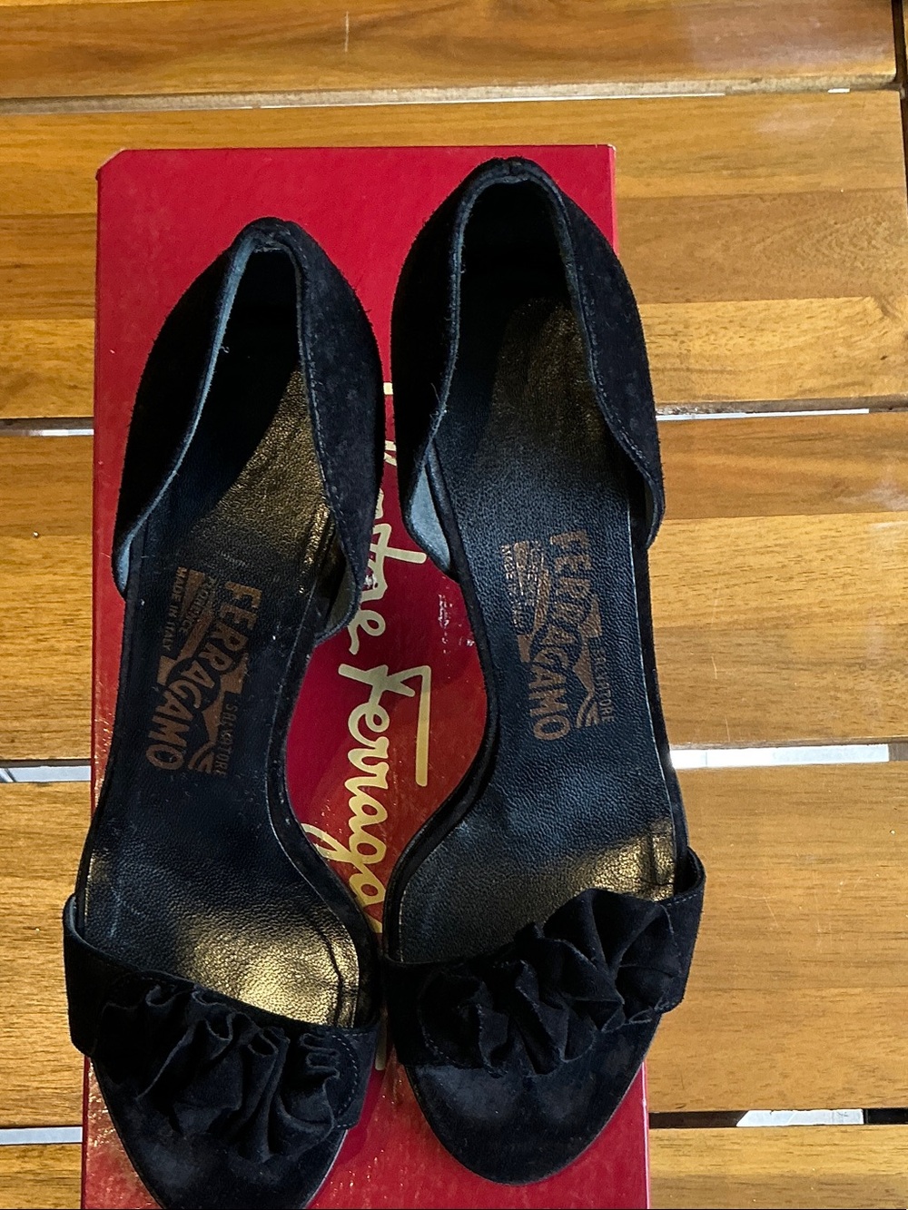 Salvatore Ferragamo Black Velvet Ruched Open-Toe Heels